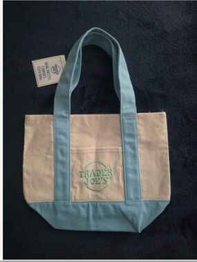 Trader Joe Mini Canvas Tote Bag in Cream and Light Blue new